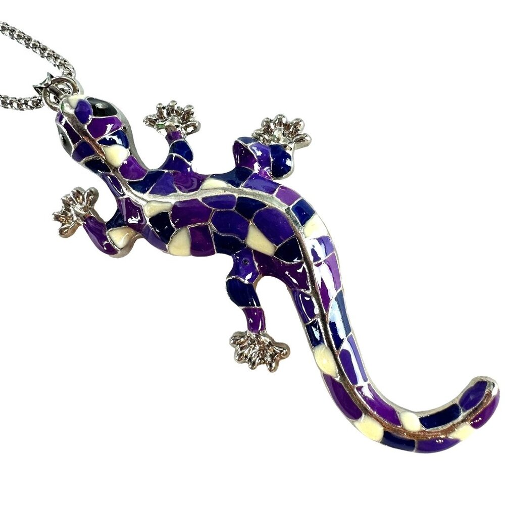 Betsey Johnson Violet Enamel Lizard Pendant Necklace Silver Tone
